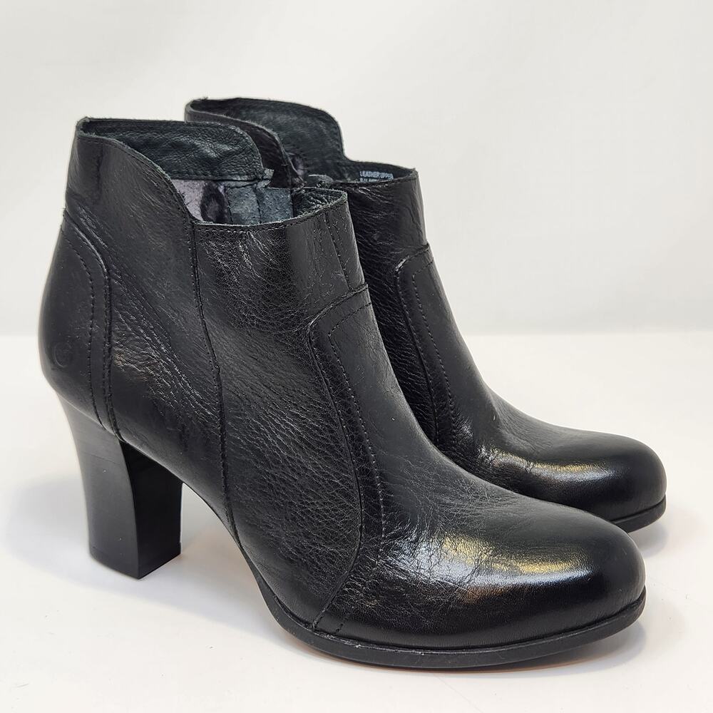 Born Claire Black Leather Ankle Boots Booties Women Size 7 Block Heel Zipper